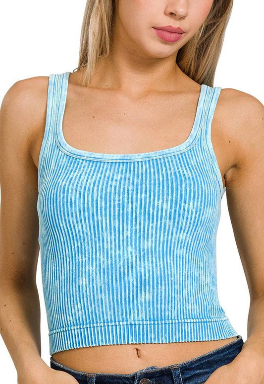 2 Way Neckline Washed Ribbed Cropped Tank Top in Deep Sky