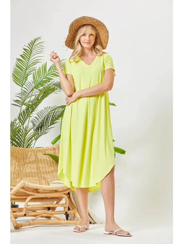 Clearance! Neon Yellow Solid Midi Dress with Dolphin Hemline