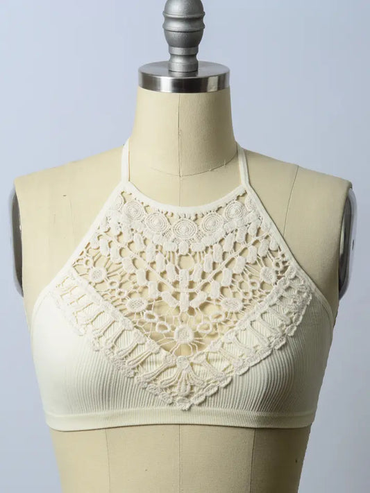 Crochet Lace High Neck Bralette Top in Ivory