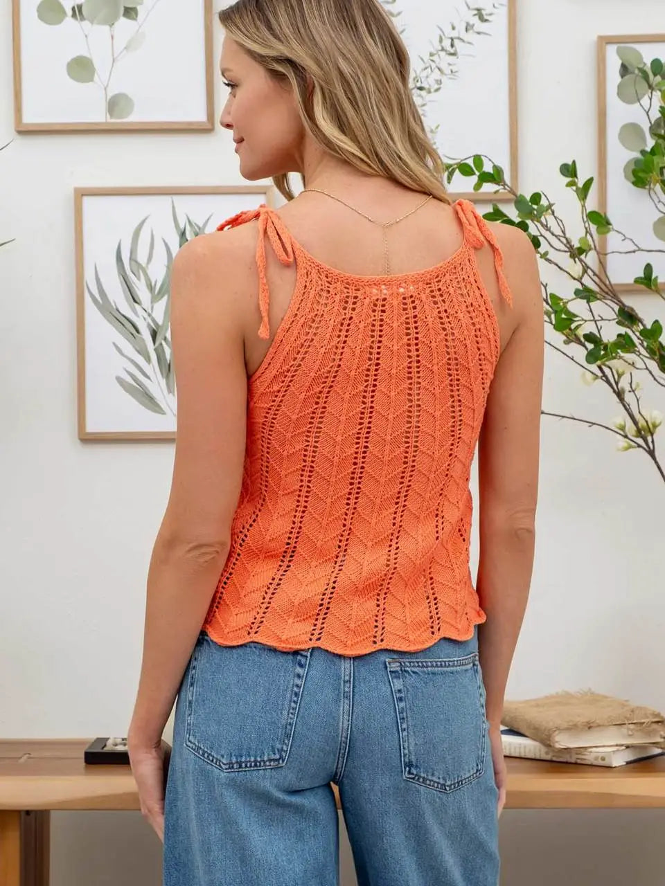 Orange Tie Strap Pointelle Crochet Top