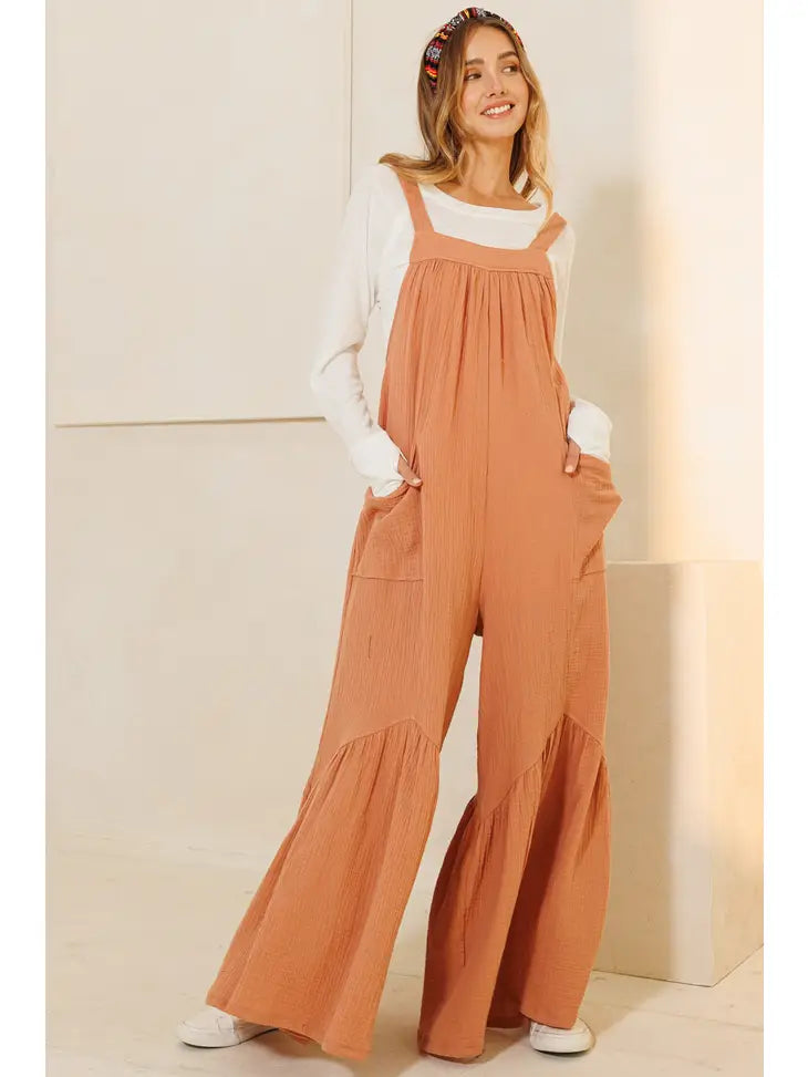 Shirring Detailed Wide Leg Jumpsuit in Rosewood