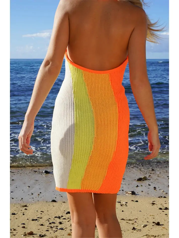 Clearance Orange-Multi Rib Knit Halter coverup Dress