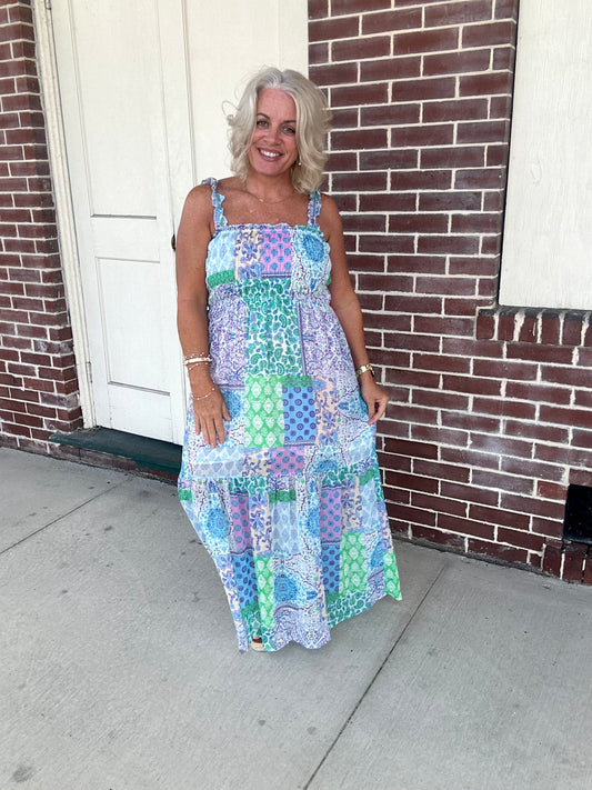 Summer Sky Smocked Top Patch-Work Maxi Dress