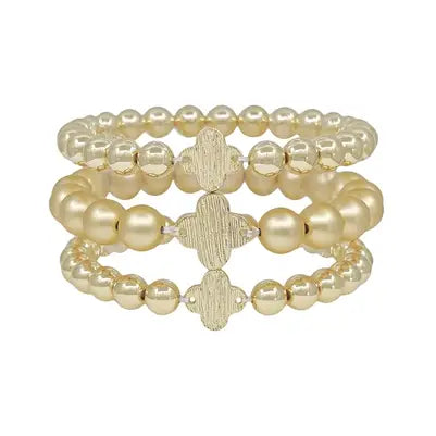 Gold Beaded with Clover Set of 3 Stretch Bracelets