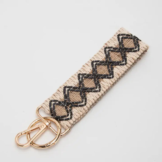 Beige/Black Wave Pattern Straw Wristband/Key Chain